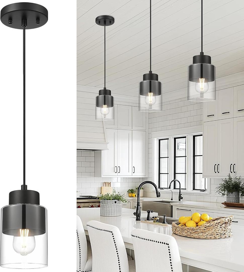 Black Pendant Lights Kitchen Island, Dual Shade Hanging Lights Fixtures with Metal and Clear Glass, Modern Kitchen Pendant Lighting Over Island for Dining Room, AD-24022-1P-BK