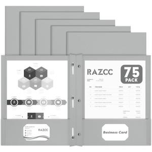 Two Pocket Folders, RAZCC 75 Pack Two Pocket Folders with Prongs, 3 Prong Folders Fit Letter Size Paper, Pocket File Folders for School Office Home Business, Grey