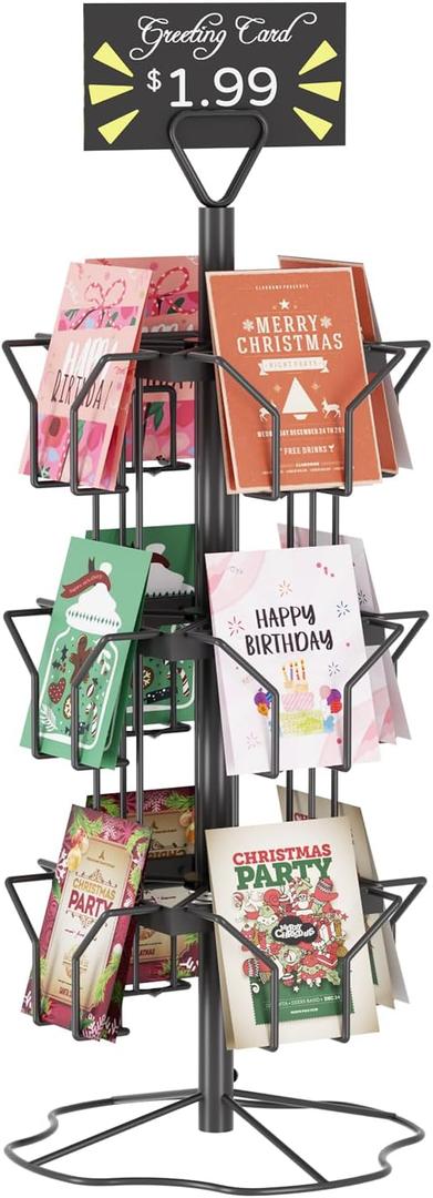 ORLESS Greeting Card Rack Display Stand, 3 Tier Rotating Card Holder Display Retail, 12 Pocket Metal Postcard Holder Display Stand, Greeting Card Holder for Postcards, Brochures, Stickers, Showcase(Black)