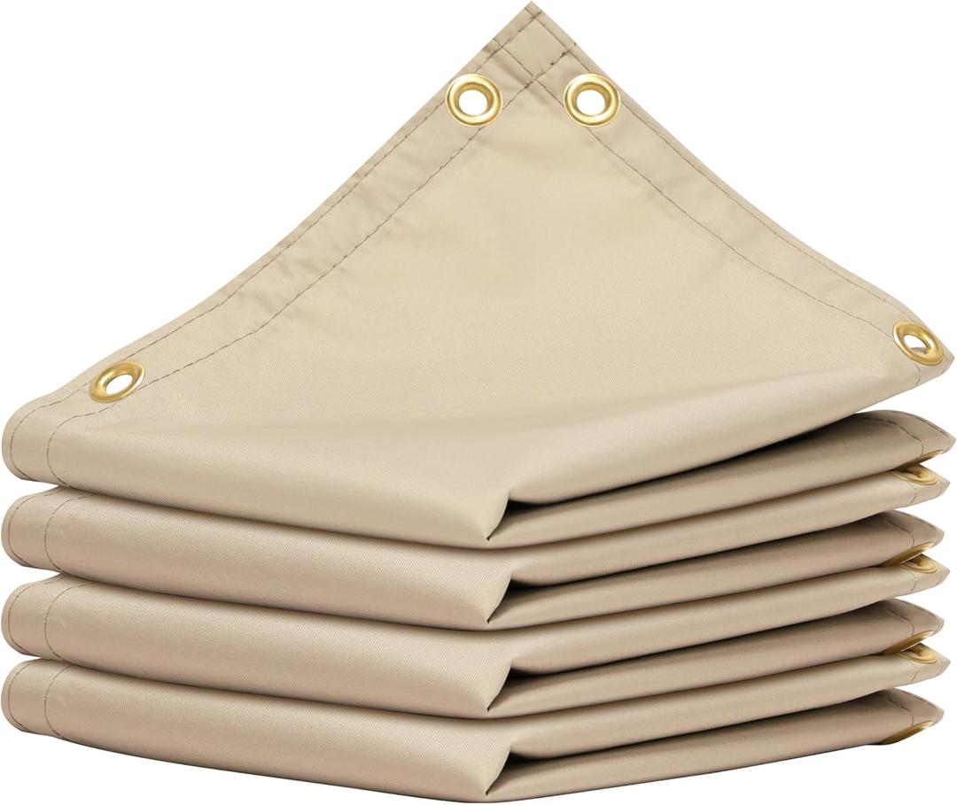 Amgo 10' x 20' Beige Custom Size Waterproof Shade Cloth with Grommets - 90% Sunblock, Durable Mesh Fabric Tarp for Dog Kennel Cover, Fence Privacy Screen, Greenhouse, Coop & Pet Playpen + 11 Pack Metal Pieces