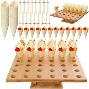 150pc Disposable Wooden Food Cones with 36 Holes Bamboo Ice Cream Cone Holder Display Stand and 150 Colorful Bamboo Stick for Restaurant Catered Events Party or Buffets Ice Cream Food Trucks