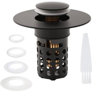 Bathroom Sink Drain Stopper, Upgraded 3 in 1 Pop Up Sink Drain Strainer with Removable Hair Catcher Basket, Drain Plug Filter for 1.1-1.5 in, Metal Body, Brass Bounce Core (Black)
