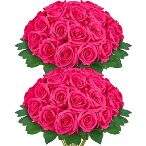 Serwalin 30pcs Artificial Silk Roses Flowers, Hot Pink Artificial Roses with Long Stems Bulk Realistic Fake Roses Flowers for DIY Wedding Bouquet Centerpieces Party Home Table Decor