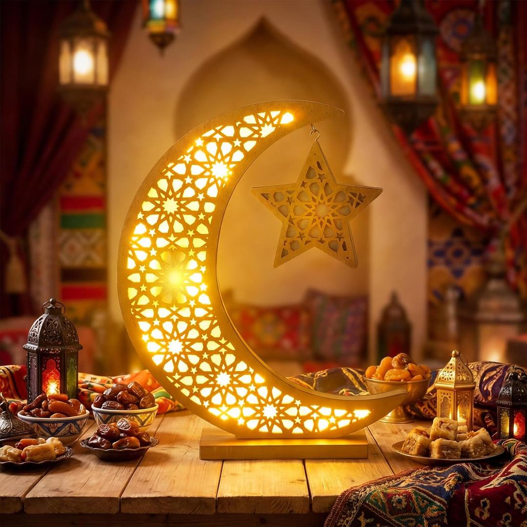 Cinnvoice Ramadan Decorations Moon Ramadan Lights for Table Home 2026, Crescent Lunar Moon Lamp for Eid Mubarak Decor Eid Ul Fitr Lamp Gifts Bedroom Livingroom(Wooden,Classic Style)