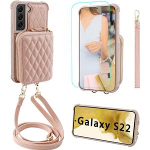 MONASAY Zipper Wallet Case Fit for Galaxy S22 5G 6.1in, [Screen Protector ][RFID Blocking] Flip Leather Handbag Phone Cover with Card Holder Crossbody Shoulder Lanyard Strap, Rosegold