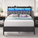 Full Size Bed Frame with Headboard, Metal Platform Bed with LED Lights & Charging Station, 2-Tier Storage, Sturdy and Easy Assembly, Under Bed Storage, No Box Spring Needed, Noise Free, Black