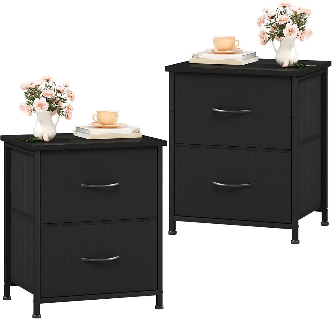 Somdot Nightstand Set of 2, Small Dresser for Bedroom with 2 Storage Drawers, Bed Side Furniture End Table with Fabric Bins for Bedroom Closet, Entryway, College Dorm, Black