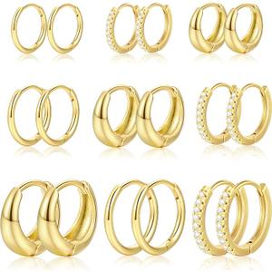 9 pairs gold hoop earrings sets for women man' 14k gold plated small hoop earrings set multiple piercing small tiny lightweight earrings for sensitive ears everday