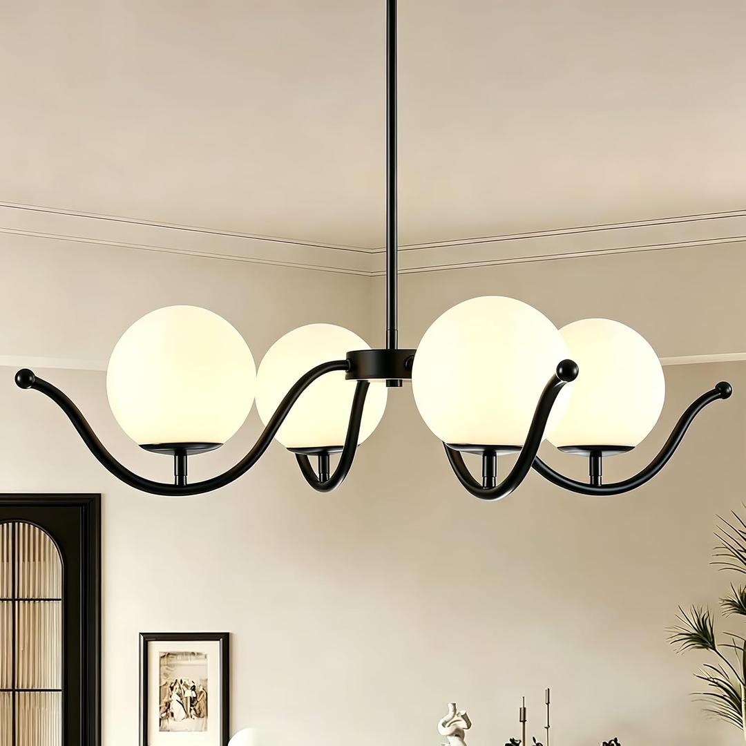 Modern Black Chandelier for Dining Room 4 Light, 31.5" Sputnik Chandelier Opal White Globe Pendant Light, Ceiling Light Fixture with Milk Glass Globe Shade for Living Room, Bedroom, Kitchen, Foyer