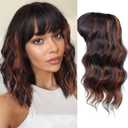 TYQ Hair Toppers for Women with Thinning Hair 14 Inch, 360° 3D Synthetic Curly Wavy Wispy Clip in Bangs(Dark Brown Highlight Chestnut)