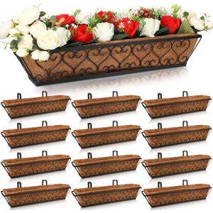 Wenqik 12 Set Window Deck Railing Planter Boxes with Coconut Liner 24" Balcony Railing Planter Metal Flower Box Hanging Decoration for Outdoor Fence Patio