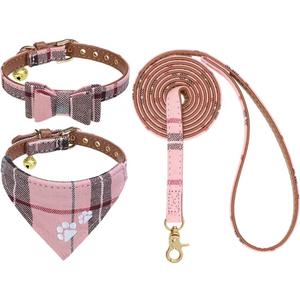 EXPAWLORER Puppy Collar and Leash Set - Embroidery Pawprints Plaid Dog Collar and Dog Leash Set, Bow Tie and Bandana Dog Collar with Bell, Collar and Leash for Dogs Cats Outdoor Walking, Pink S