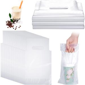 200 Pcs Drink Carriers for Delivery Clear Plastic Bags with Handle for Drink Poly Packaging Bags Take out Cup Beverage Holder Bar Restaurant Coffee Shop Supplies, up to 24oz