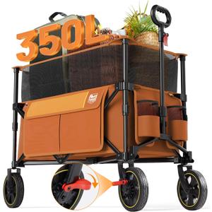 Timber Ridge 350L Extra Large Collapsible Folding Wagon Carts with Brake, Heavy Duty Outdoor Camping Utility Wagons with Extended Height, Adjustable Handle, Cup Holders, Side Bag(Orange)