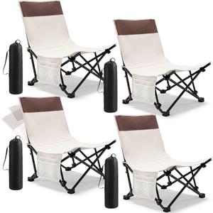 Karenhi 4 Pack Low Profile Beach Chairs with 3 Position Adjustable Back 300lb for Adult, Folding Lightweight Reclining Camping Chair with Storage Bag Compact Camp Lounge for Concert Lawn Picnic Travel, 26.38 x 20.47 x 20.47 inches