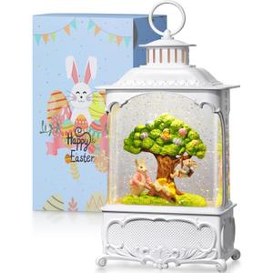 Easter Snow Globe Lantern Bunny Tree with Timer, USB and Battery Powered, Easter Decorations for Home Bunny Eggs Tree Chicken