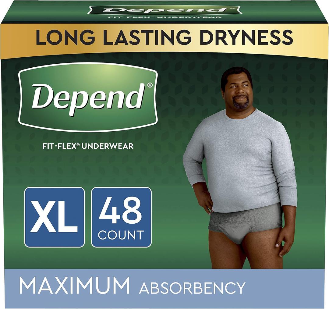 Depend FIT-FLEX Incontinence Underwear for Men, Maximum Absorbency, Disposable, Extra-Large, Grey, 48 Count (2 Packs of 24) 