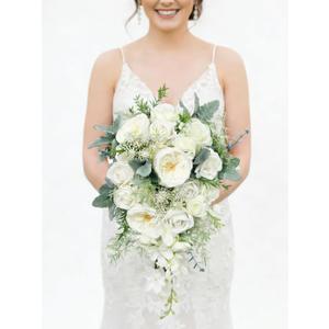 Rinlong 10.6 Inch Dusty Green White Artificial Cascading Wedding Bouquets for Bride Cascade Bridal Bouquet for Wedding Silk Flowers