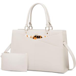 LOVEVOOK Laptop Bag for Women 15.6 Inch, Waterproof Leather Tote Bag with Elegant Clutch & Adjustable Strap, Work Briefcase for Office & Commute, Beige