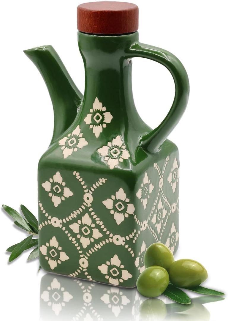 Olive Oil Dispenser Bottle Ceramic8.5 Oz Decoration Oil Dispenser for KitchenLeakproof Oil And Vinegar Container with HandleGreen Italian Cooking Oil CruetEasy Pour