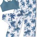 NECIOUS Girls Swimsuit, 3 Piece Bikini Bathing Suit Tropical Floral Swimwear with Cover Up Pants, (15-16 Years, Blue)