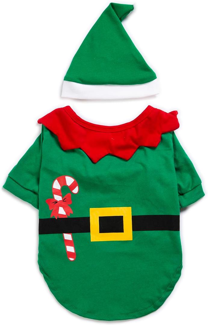 Dog Elf Costume Christmas Pet Clothes Cute Puppy Xmas Shirt with Dogs Hat for Small to Large Dogs Cats (M) (M (7-11lb))