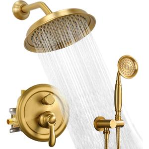 Brushed-Gold Vintage Shower-Faucet Sets, Antique Brass Shower System, Wall Mounted, 9" Rain Head and Handheld Spray, 2 Way Diverter Rough in Valve with Trim Kit Brushed-Gold Vintage Shower-Faucet Sets, Antique Brass Shower System, Wall Mounted, 9" Rain Head and Handheld Spray, 2 Way Diverter Rough in Valve with Trim Kit