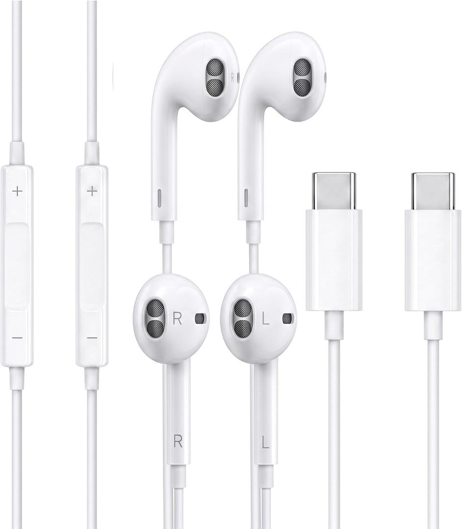 USB C Wired Ear Buds for iPhone 17 16 15, in-Ear Type C Earphones with Microphone with Clear Mic & Noise Reduction Volume Control Deep Bass, 2 Pack