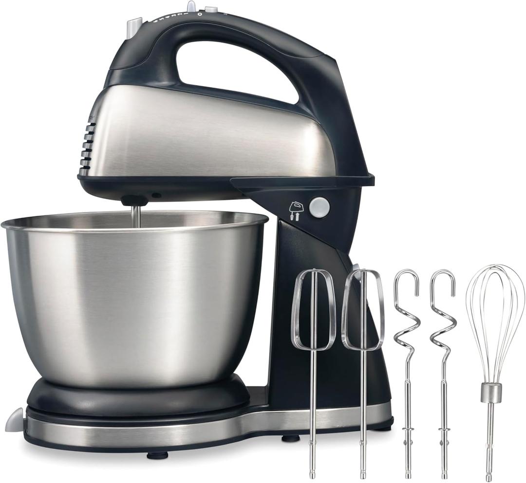 Hamilton Beach Classic Stand and Hand Mixer, 4 Quarts, 6 Speeds with QuickBurst, Bowl Rest, 290 Watts Peak Power, Black and Stainless | 2-in-1 Versatility | QuickBurst For Added Power | 290 Watts Peak Power | Built-In Bowl Rest | Black and Stainless Steel