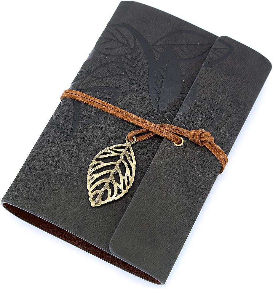 EvZ 7" Vintage Black Leather Journal - Professional B6 Refillable Binder Notebook with Retro Leaf Pendant, Sleek PU Leather Cover, 160 Pages Thick Kraft Blank Paper for Writing, Sketching & Office Gift