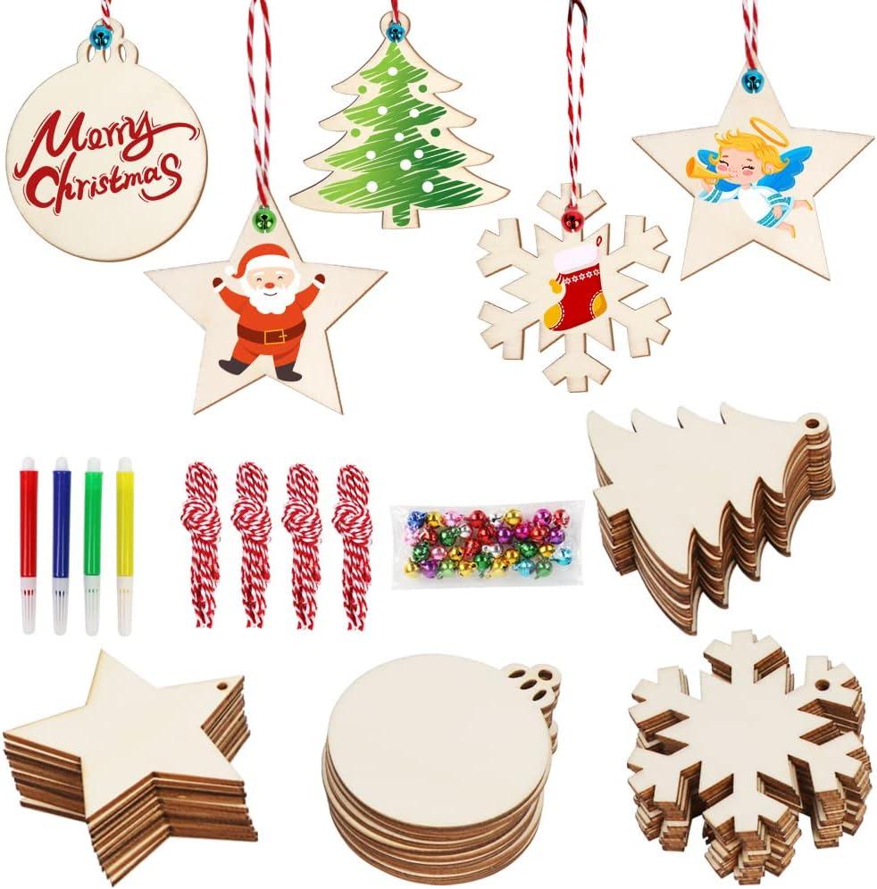OurWarm 40pcs Wooden Christmas Ornaments Crafts for Kids, DIY Christmas Crafts Ornament Making Kit Unfinished Wood Slices with Holes, Hanging Christmas Centerpieces Decorations, 4 Styles