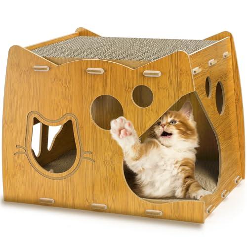 WRINGKIT Cat Scratcher House, 2 in 1 Cat Cardboard House with 2 Scratching Pads, Sturdy Cat House Lounge for Indoor Cats to Rest and Hide, Maximum Load Capacity 66 Lbs