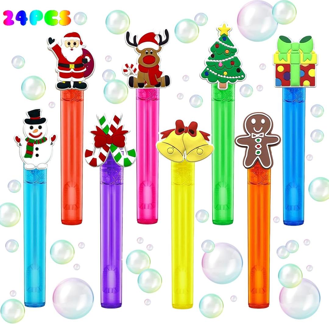 24PCS Christmas Party Favors for Kids, Bubble Wand Bulk Christmas Toys Gifts for Crhsitmas Stocking Stuffers Goodie Bag Fillers Classroom Prizes, Christmas Party Supplies for Girls Boys (Christmas)
