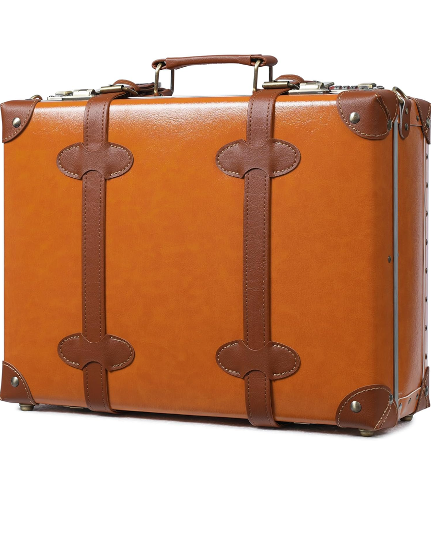 urecity Vintage and Cute Carry-on Overnight Case Non-wheeled Mini Leather Trunk Suitcase with Shoulder Strap, Brown ,19"