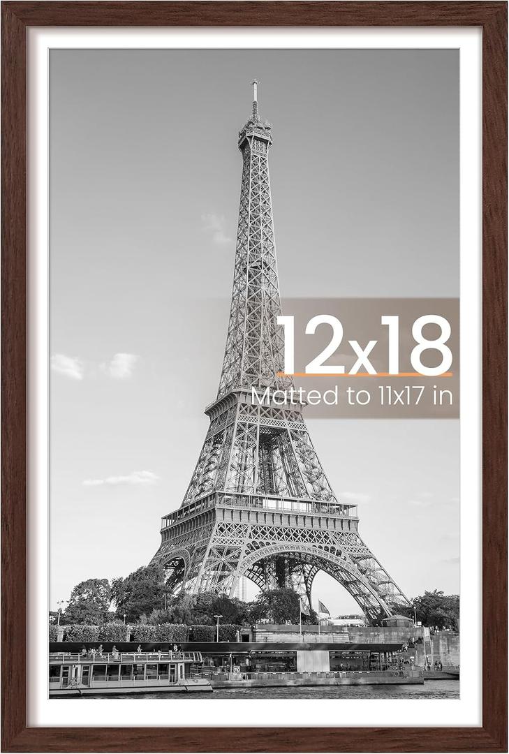 upsimples 12x18 Picture Frame, Display Pictures 11x17 with Mat or 12x18 Without Mat, Wall Hanging Photo Frame, Brown, 1 Pack