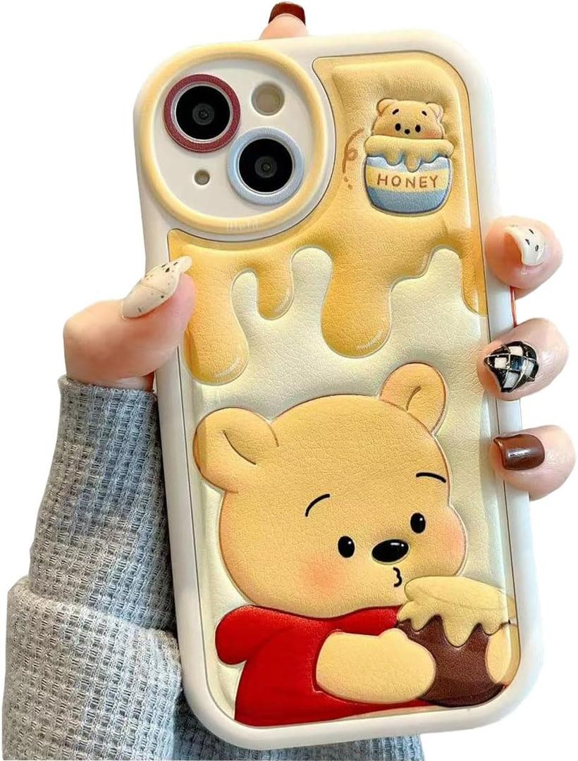 Compatible for iPhone 15 Plus Cartoon Case, Kawaii Cute Bear Case Silicone 3D Cover Strap Soft TPU Shockproof Protective for Kids Girls and Womens