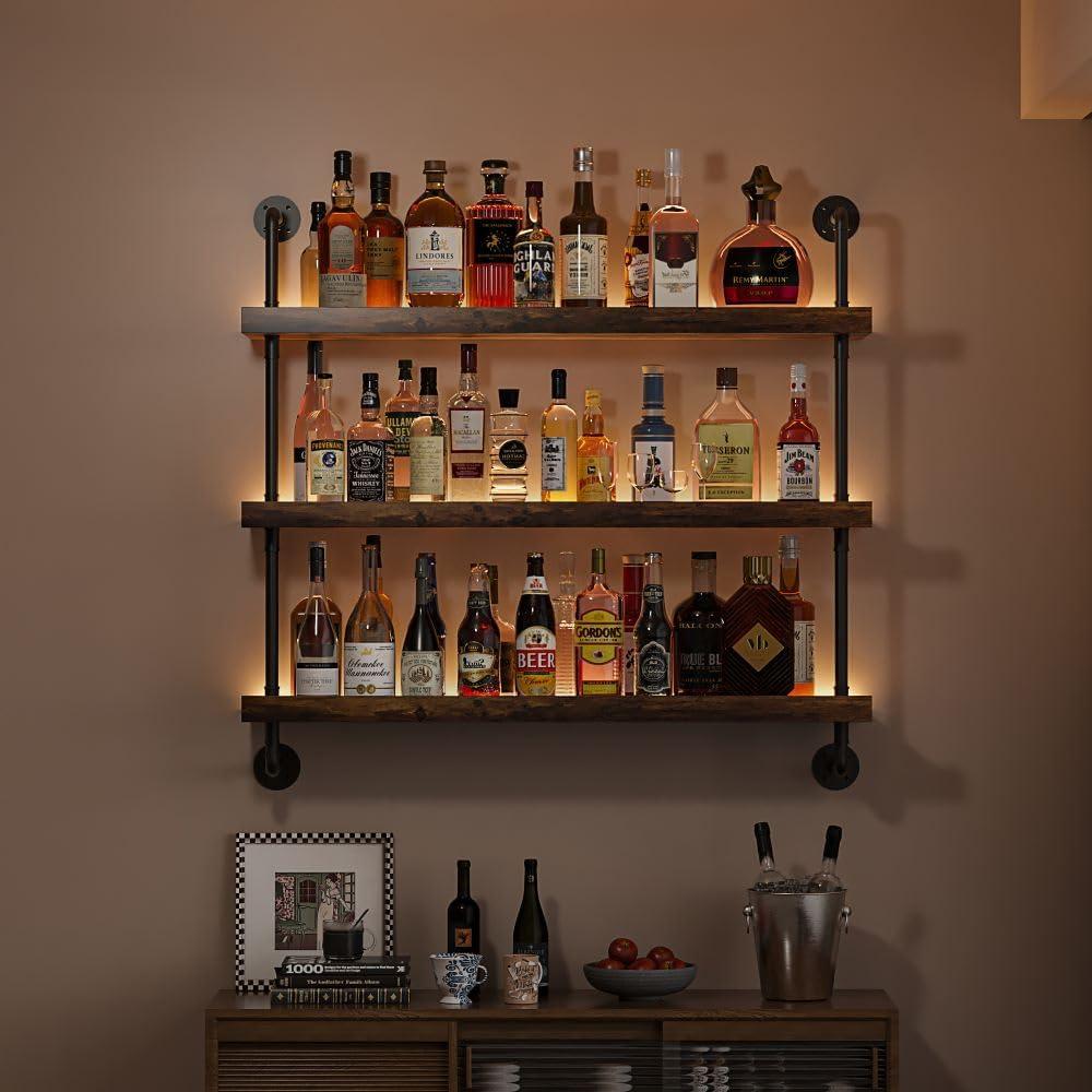 3-Tier Wall Mounted Wine Rack with LED,Liquor Bottles Floating Shelves Display Storage Organizer for Home Bar Dining Room Kitchen (40" W x 47.2" H)