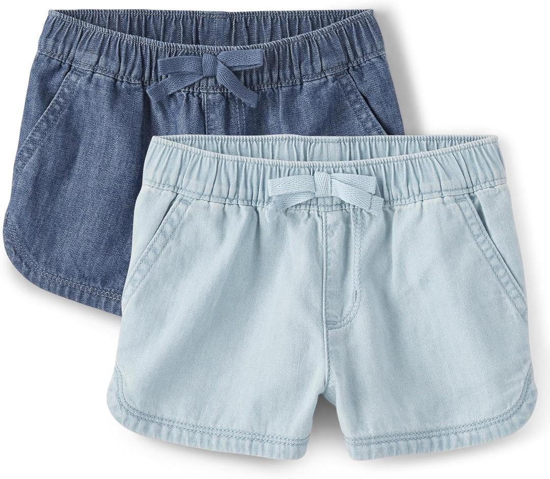The Children's Place Baby Girls' and Toddler Pull on Chambray Shorts (3T, Rose Wash/Denim 2-pack)