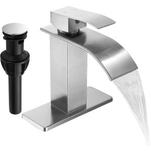 Fransiton Brushed Nickel Waterfall Bathroom Faucet Lavatory Single Handle 1 or 3 Hole Bathroom Sink Faucet Washbasin Faucet with Deck and Pop-up Drain