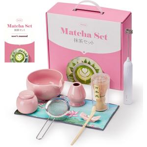 Matcha Whisk Set,9 Pcs Japanese Matcha Set Pink, Matcha Kit with Sifter, Matcha Tea Cloth, Matcha Powder Canister, Electric Rechargeable Frother(Pink) (Round)