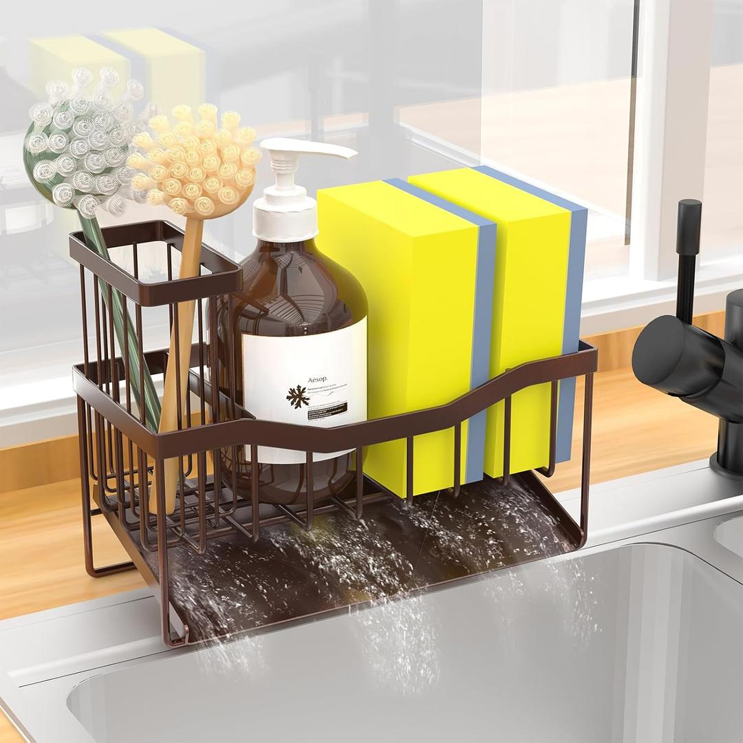 Maifan Sink Caddy Sponge Holder for Kitchen with Brush Holder and Stainless Steel Self Drain Tray, Rustproof Kitchen Sink Organizer for Sponge, Soap Dispenser Storage Accessories (Bronze)