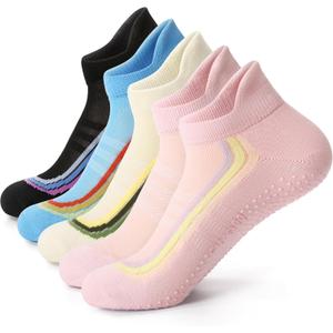 FITRELL Pilates Socks for Women, Ankle Yoga Non Slip Grip Socks for Barre Hospital Gym 5 Pairs (Medium, Pink+neon (Black+blue+pink+beige))