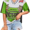 Women's Number Print Mesh Jersey Shirt Color Block V Neck Short Sleeve Football T-Shirt (Large, Green and White)