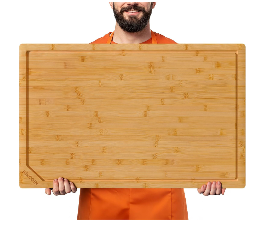 Kikcoin 30”×20” Bamboo Cutting Boards for Kitchen, Heavy Duty Wooden Cutting Boards, Healthy Extra Large Chopping Boards with Deep Juice Groove and Handle, Oversized Stove Top Cover, Natural