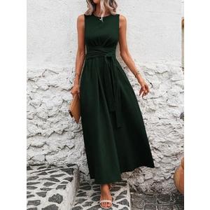Women's Sleeveless Tie Waist Maxi Dress, Ruched Crew Neck Flowy A-Line Dress for Wedding Guest Vacation Casual Wear (Green,Large)