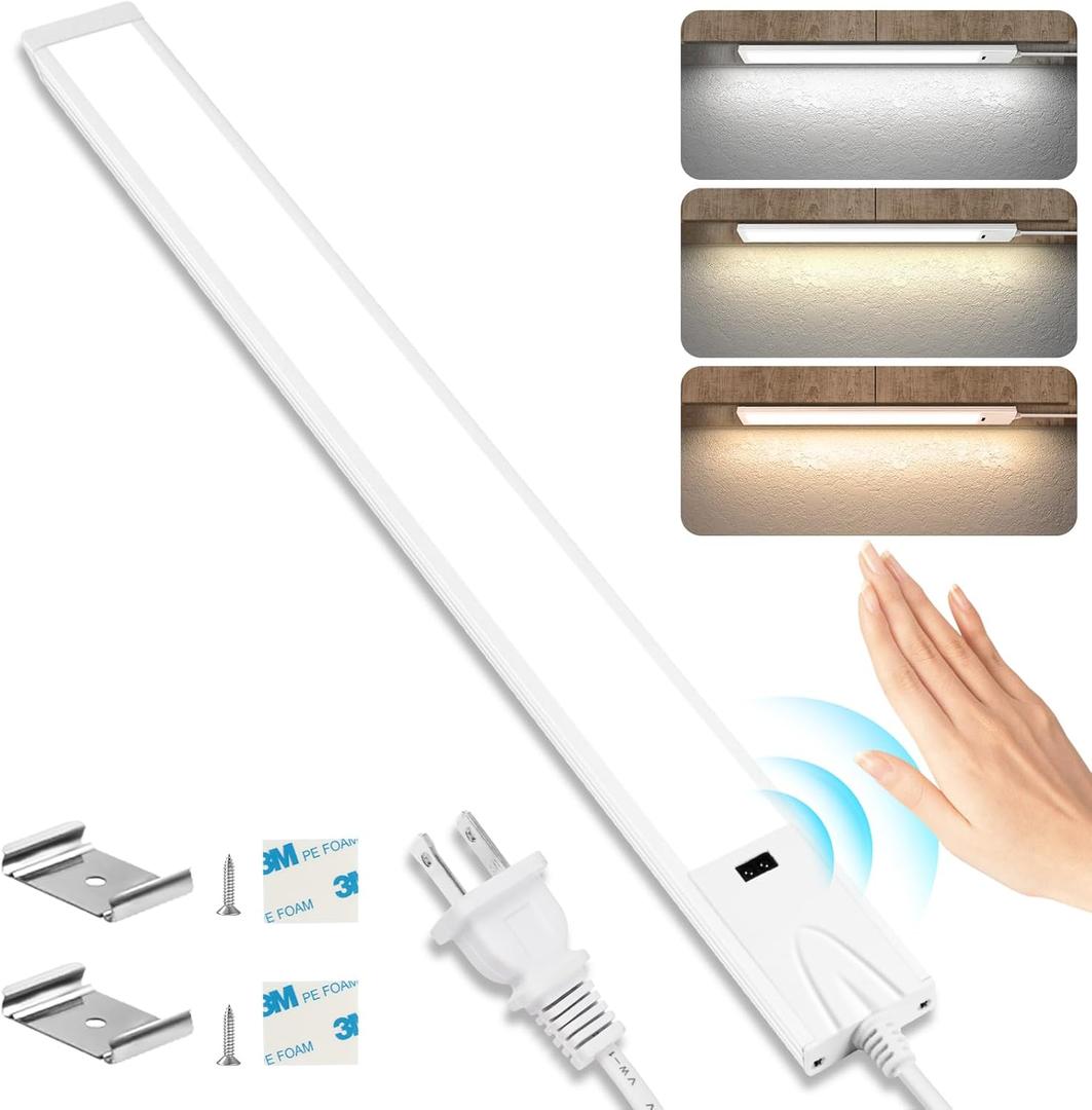 16 Inch Under Cabinet Lights with Hand Wave, Plug in LED Under Counter Light, Over Sink and Stove Lighting, Color Tunable 3000K to 6000K, Touchless Dimmable for Kitchen, Shelf, Cupboard, Closet, Desk