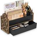 Desk Organizer with Drawer Wood File Office Mail Organizer Countertop-5 Slot Tabletop Storage Pen Organizer Letter Holder for School Home Office Supplies (Black)