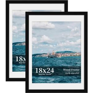 18x24 Picture Frame Set of 2, Wood Frame with Real Glass, Wide Border | Displays 16x20 with Mat or 18x24 without Mat, Horizontal or Vertical Wall Mount, Matte Black for Gallery Walls