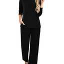 KISSMODA Womens Two Piece Long Sets 2025 Sweatsuit Outfits Tracksuits Long Sleeve Crewneck Side Slit Tops and Pants Lounge Set Black, Large