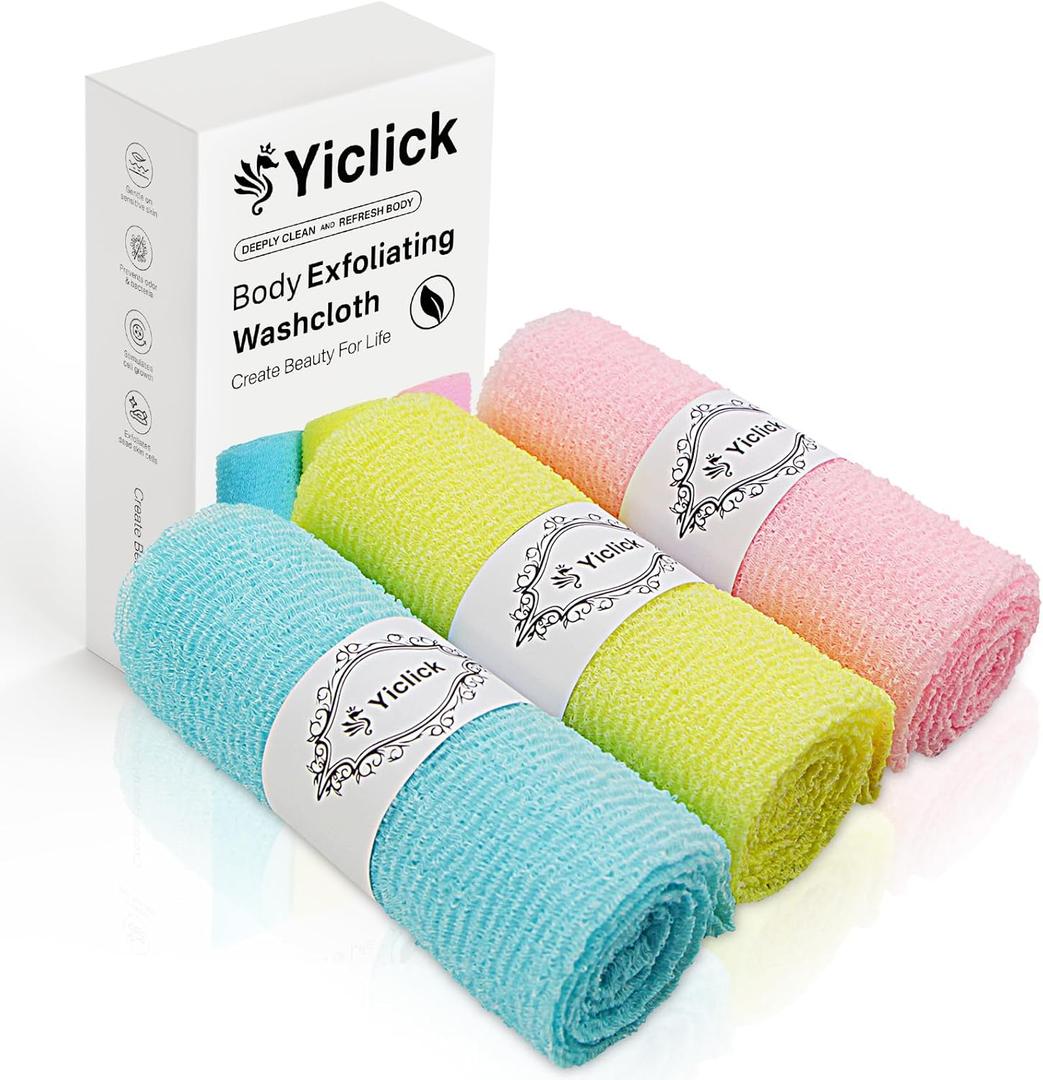 Yiclick Exfoliating Washcloth Towel [3 Pack], Japanese Exfoliating Wash Cloth, Korean Body Scrubber Exfoliator, Back Scrubber Washer for Shower Bath, Body Scrub African Net Sponge Loofah Luffa Colors